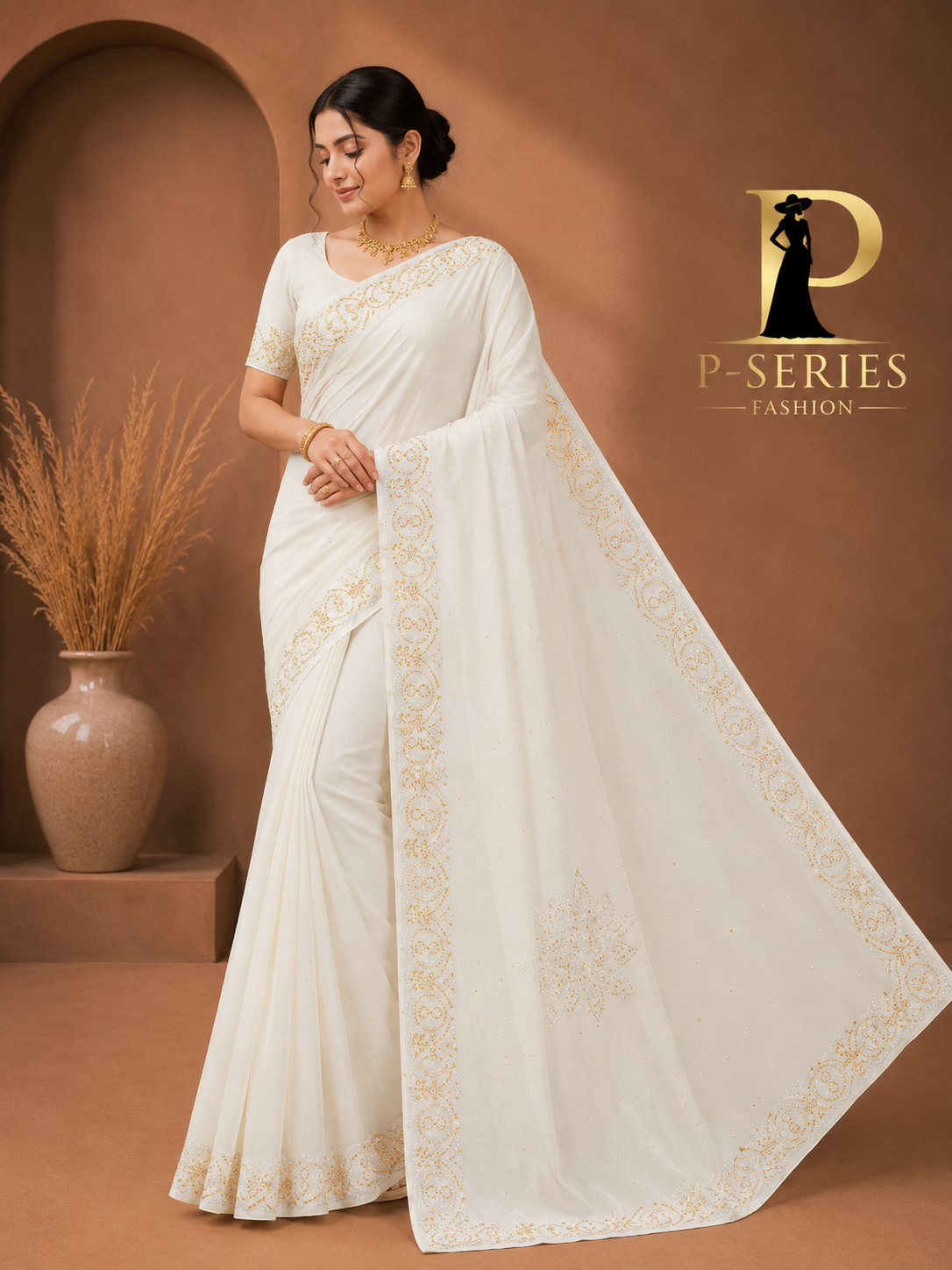 Elegant White Premium Designer Stone Work Saree | Wedding & Party Wear